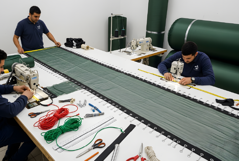 Renforts, ourlets, œillets, cordes, attaches… tout est réalisé en atelier selon votre demande.